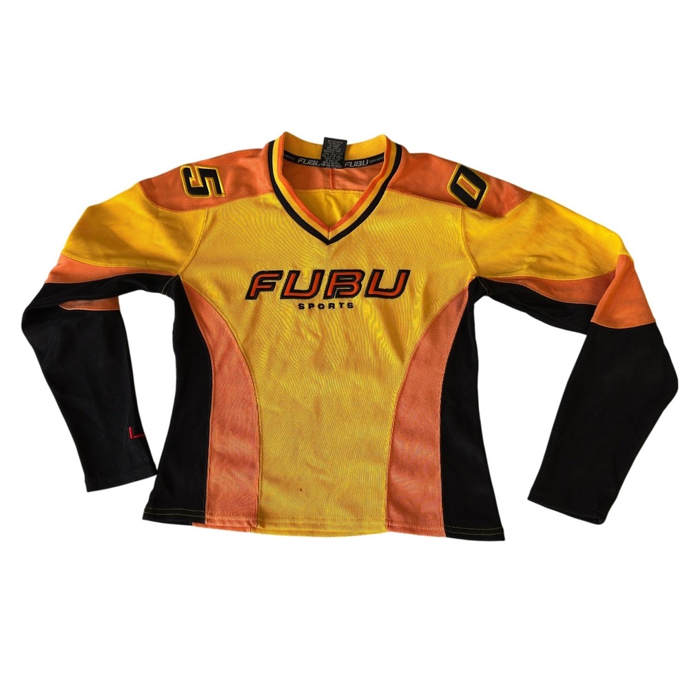 Vintage Y2K 05 FUBU Sports Jersey Top Orange Black Long Sleeve Womens V Neck M
